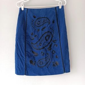 Boden Royal Blue Lined Velvety Corduroy Pencil Skirt Black Paisley Embroidery 6